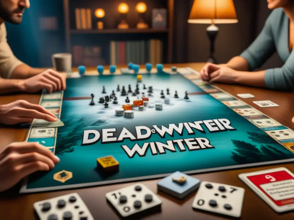 Grupo de jugadores concentrados en estrategias cooperativas Dead of Winter en una partida emocionante