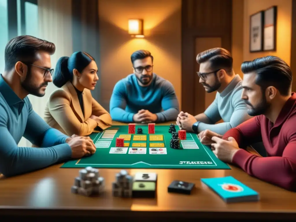 Jugadores en plena estrategia: Boss Monster Grupo de jugadores concentrados en estrategias avanzadas Boss Monster, rodeados de cartas y piezas de juego, en ambiente acogedor