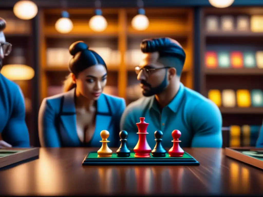 Jugadores inmersos en un emocionante juego de mesa estratégico Un grupo de jugadores diversos concentrados en un juego de mesa estratégico, inmersos en un ambiente vibrante