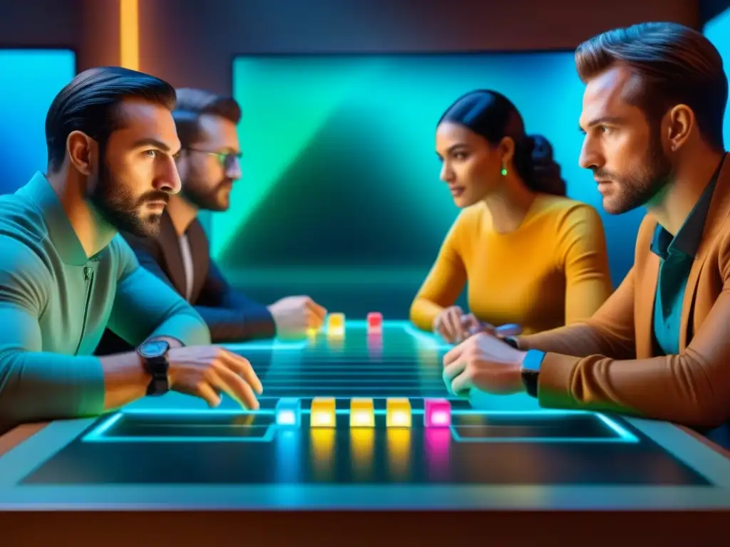 Un grupo de jugadores diversos concentrados en un juego de mesa holográfico futurista, fusionando tecnología en juegos de mesa