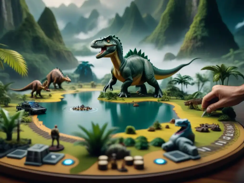 Grupo de jugadores concentrados en un juego de mesa en Isla Nublar de Jurassic Park, con detalles y mini dinosaurios, creando un ambiente inmersivo