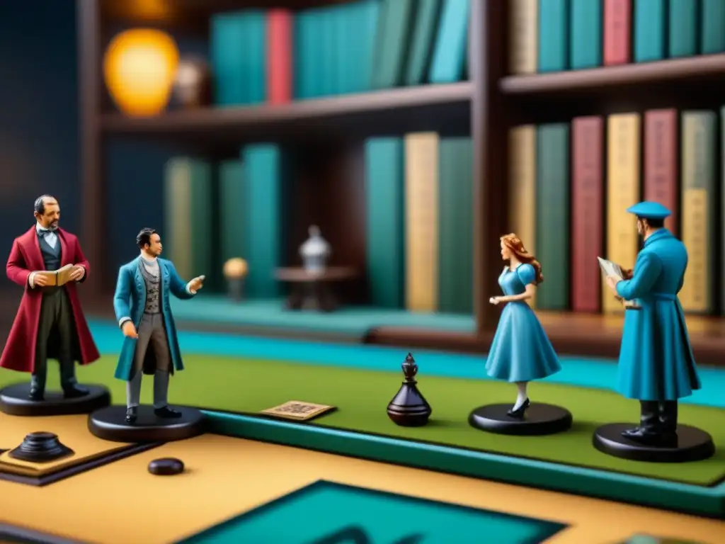 Grupo de jugadores concentrados en un juego de mesa narrativo con miniaturas de libros clásicos