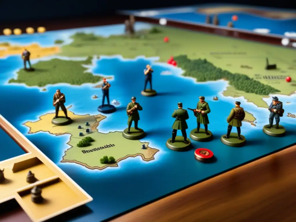 Grupo de jugadores concentrados en el juego Axis & Allies Segunda Guerra, planificando estrategias detalladas en un ambiente de intensa estrategia