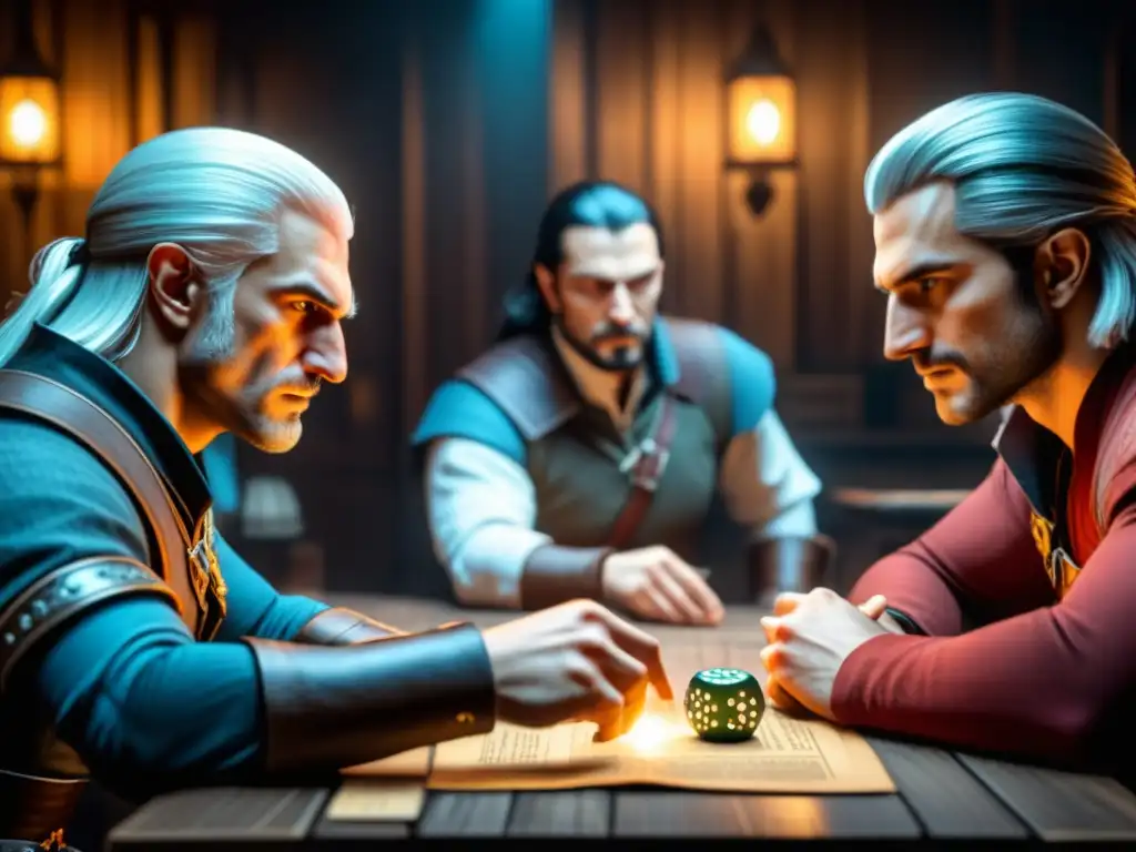 Un grupo de jugadores concentrados en 'The Witcher: juego de rol', rodeados de libros de fantasía y dados