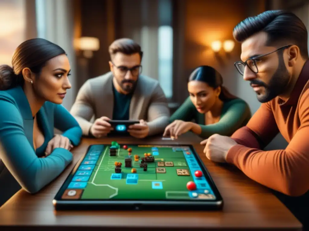 Un grupo de jugadores diversos concentrados en un juego de mesa digital, fusionando lo tradicional con lo digital en una acogedora sala de estar