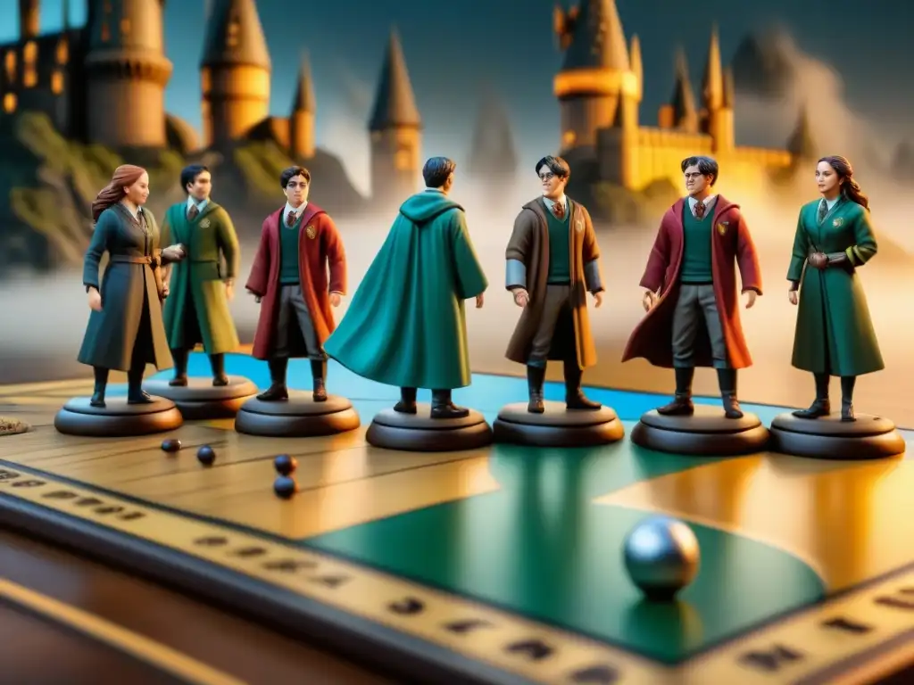 Un grupo de jugadores concentrados en el juego de mesa Harry Potter, estratégicamente colocando piezas en un tablero detallado