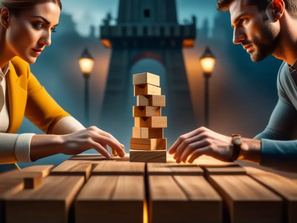 Un grupo de jugadores concentrados en una partida de Jenga, extrayendo bloques con precisión