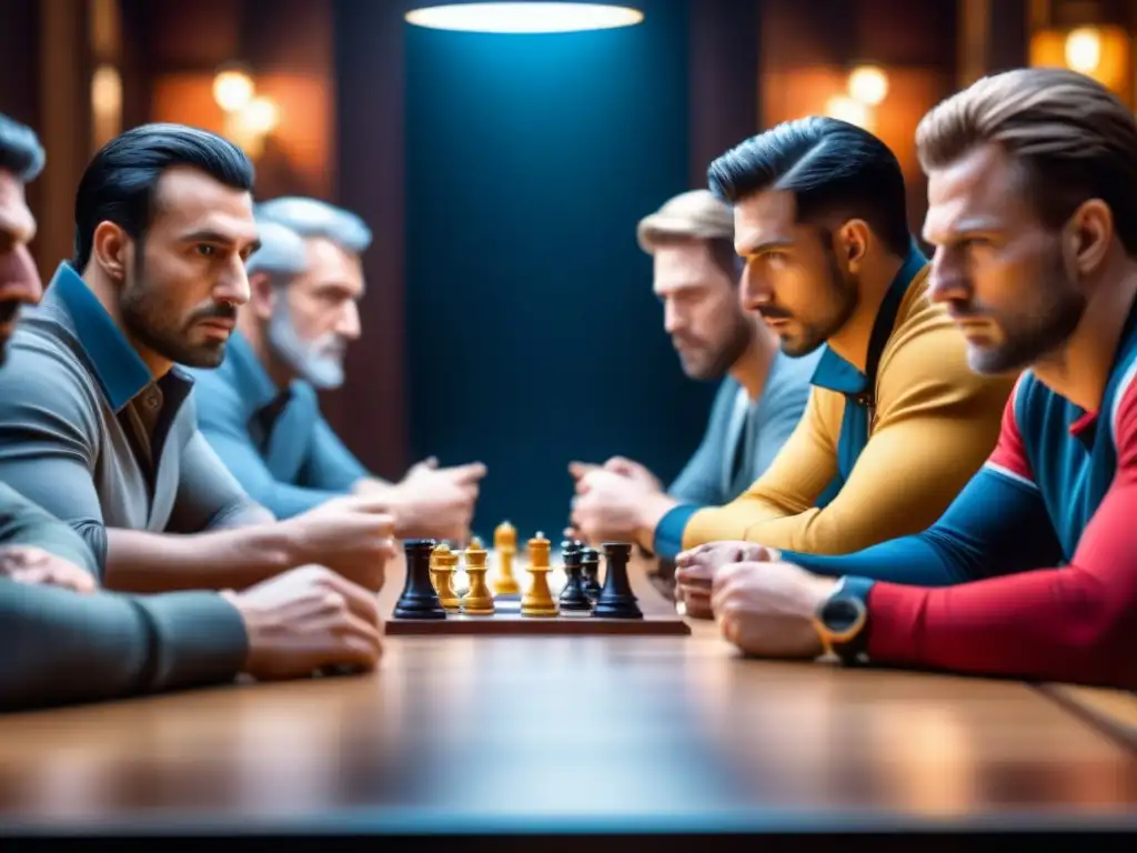Grupo de jugadores concentrados en partida de Through the Ages, demostrando estrategia, paciencia y enfoque en ambiente tenue