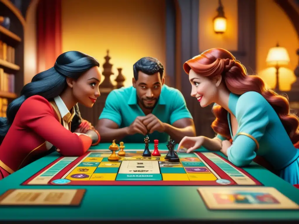 Grupo de jugadores diverso disfruta de juego de mesa temático de Disney, reflejando la influencia de Disney en juegos de mesa