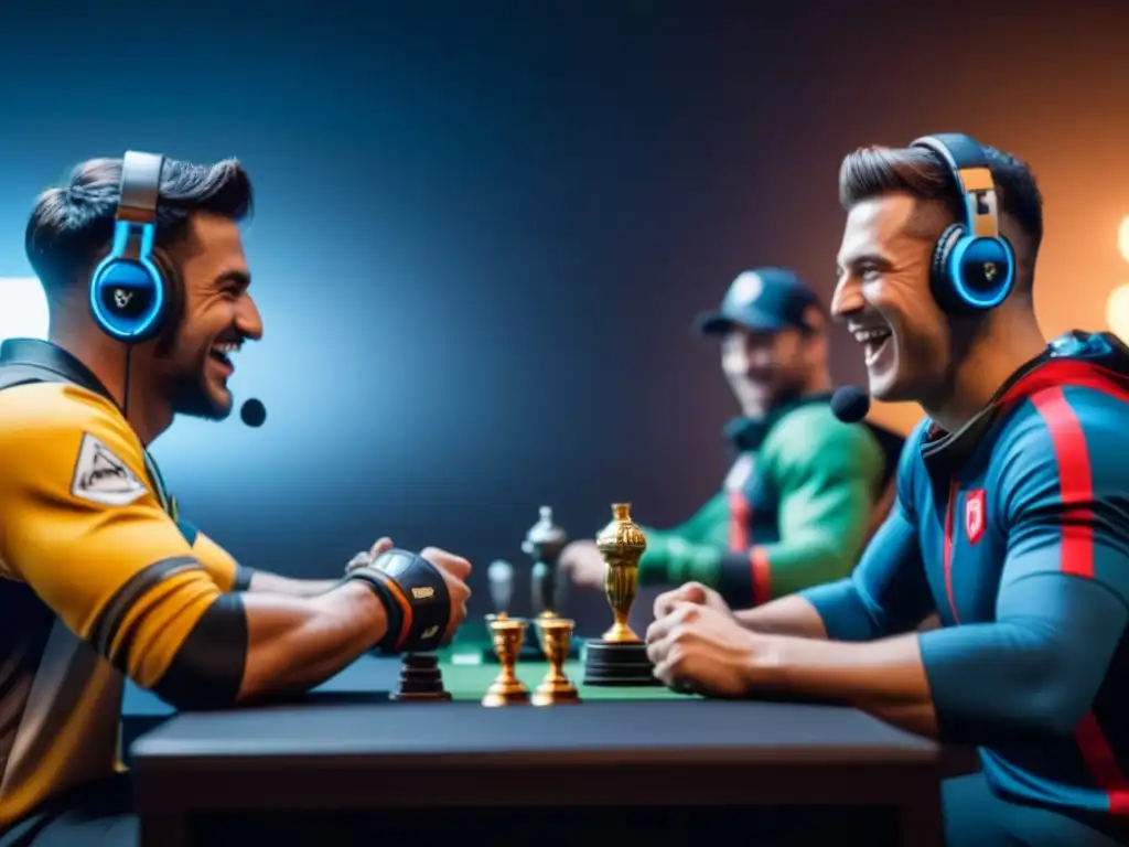 Grupo de jugadores diversos celebran y se felicitan tras una partida competitiva, mostrando la importancia de la camaradería en juegos competitivos