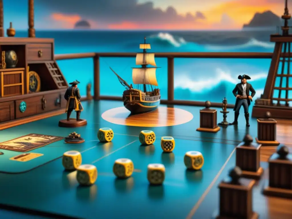 Emocionante partida de Piratas del Caribe en mesa náutica Grupo de jugadores entusiasmados disfrutando de una intensa partida del juego de mesa Piratas del Caribe en un ambiente náutico cautivador