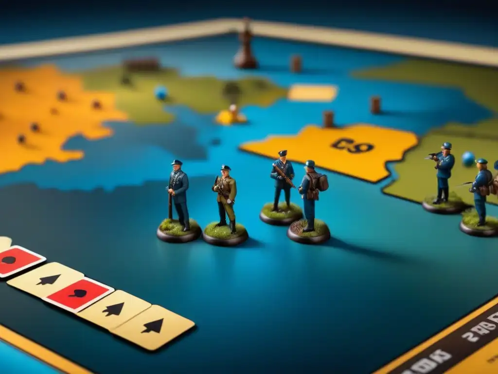 Grupo de jugadores estrategas estudian detalladamente mapa de guerra en juego de mesa Risk, rodeados de cartas y dados