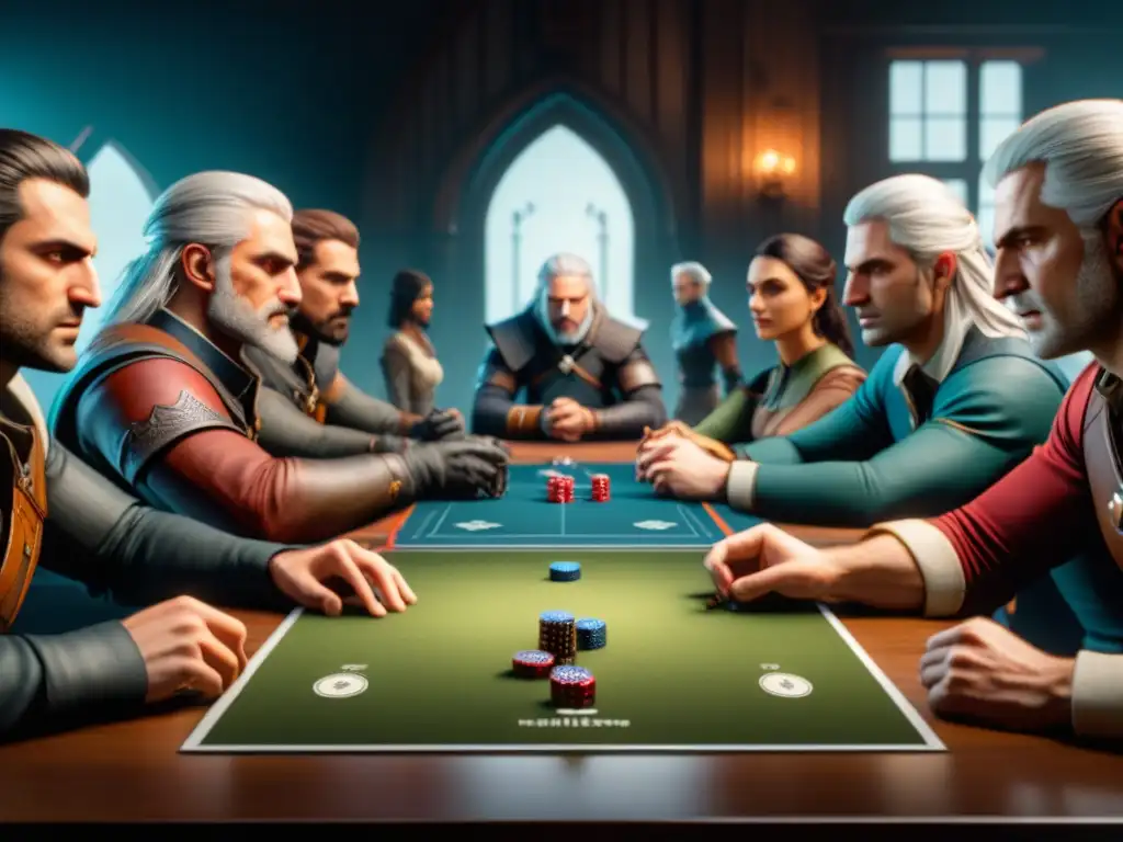 Grupo de jugadores estrategias juego mesa The Witcher, inmersos en intensa planificación y discusión táctica