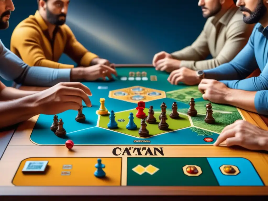 Un grupo de jugadores influyentes de diversas edades y etnias disfrutan de un emocionante juego de mesa de 'Los Colonos de Catan', concentrados y en camaradería