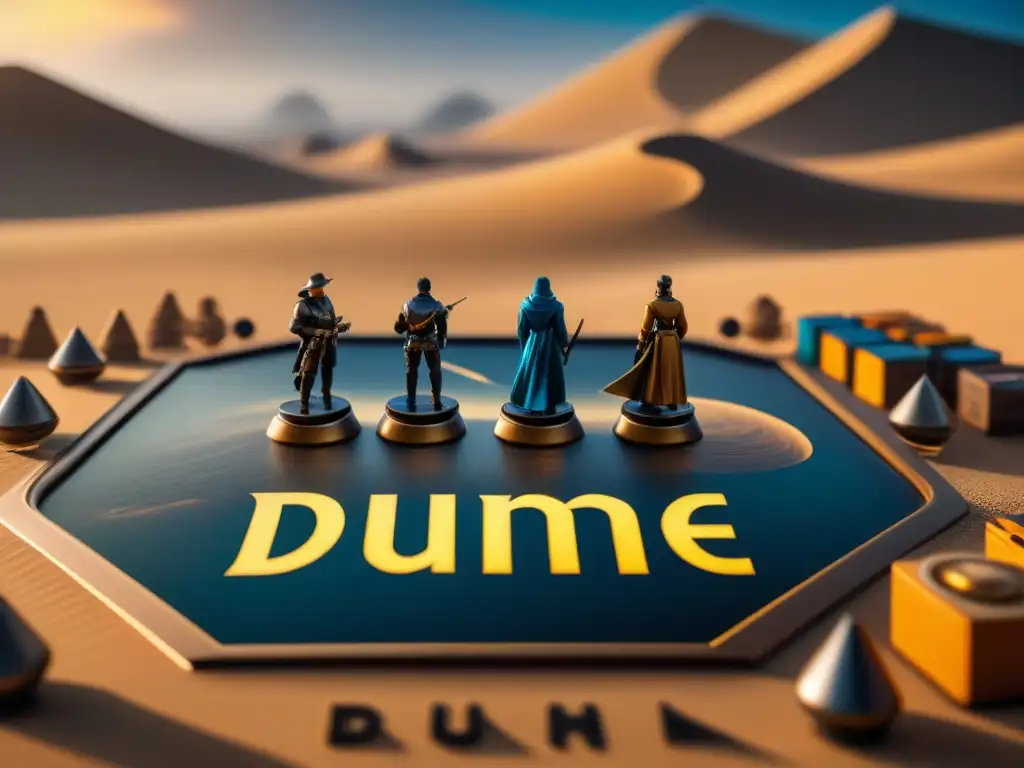 Un grupo de jugadores inmersos en la estrategia de un juego de mesa de Dune, creando una atmósfera de ciencia ficción llena de emoción y tensión