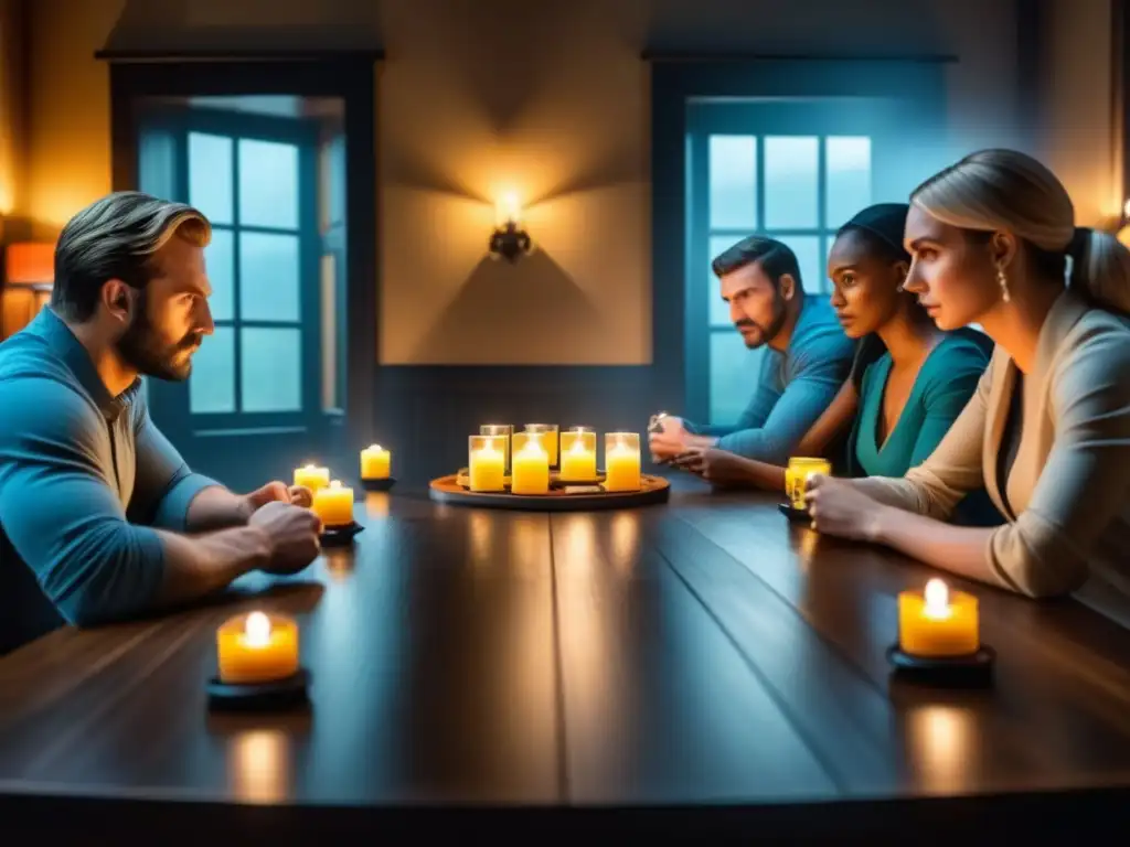 Un grupo de jugadores inmersos en una intensa partida de Betrayal at House on the Hill, rodeados de accesorios temáticos y una atmósfera misteriosa