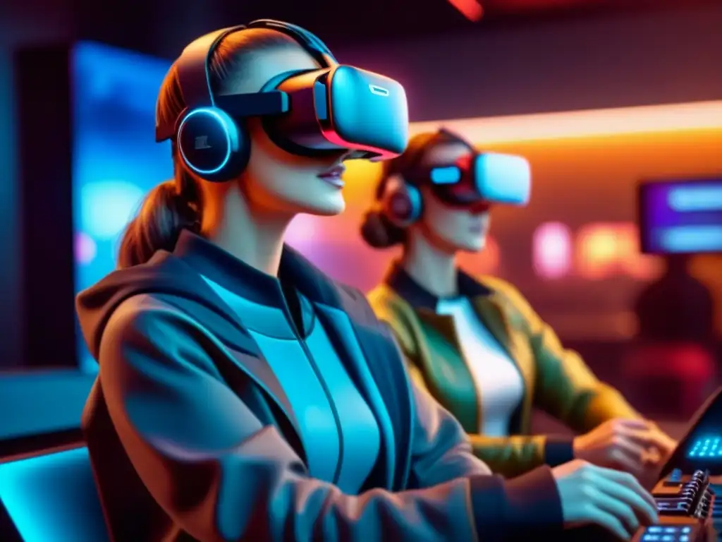 Grupo de jugadores inmersos en un juego de realidad virtual futurista, con expresiones de asombro y emoción