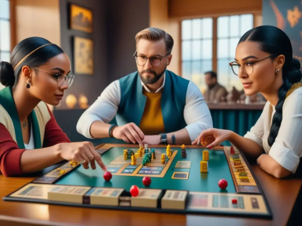 Grupo de jugadores diversos inmersos en un juego de mesa fantástico, discutiendo estrategias con pasión