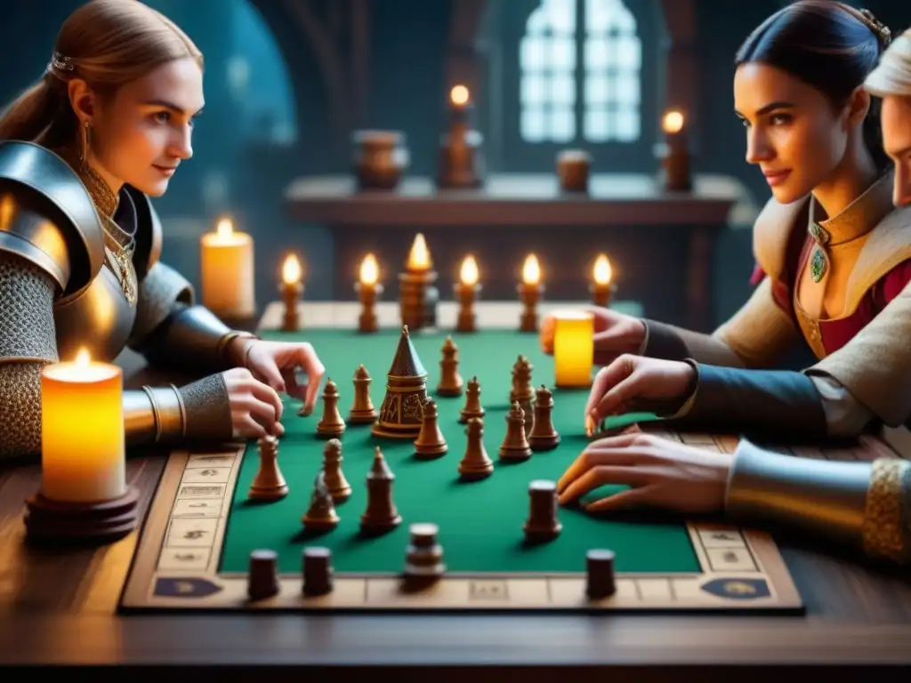 Grupo de jugadores inmersos en juego de mesa de fantasía medieval