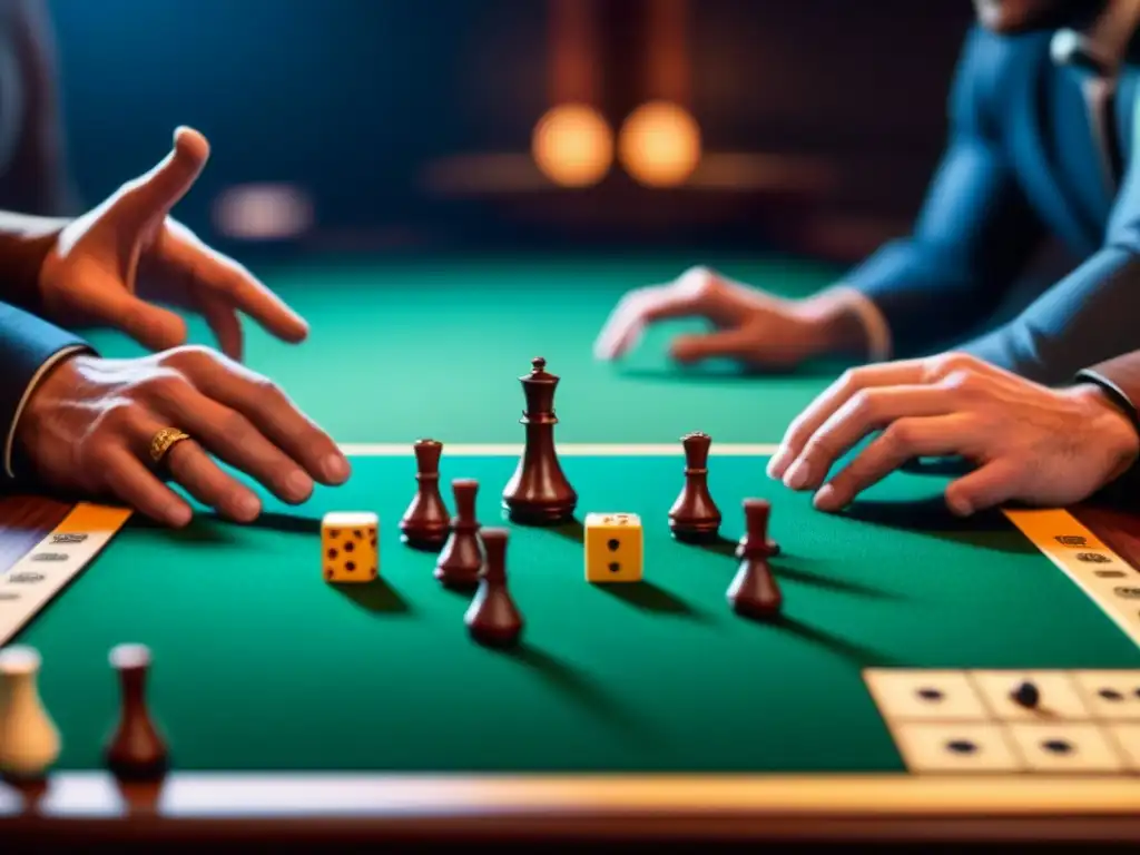 Partida intensa de juego de mesa: estrategia y colaboración Grupo de jugadores inmersos en un juego de mesa estratégico, con expresiones intensas y gestos precisos, rodeados de reglas, dados y piezas de colores