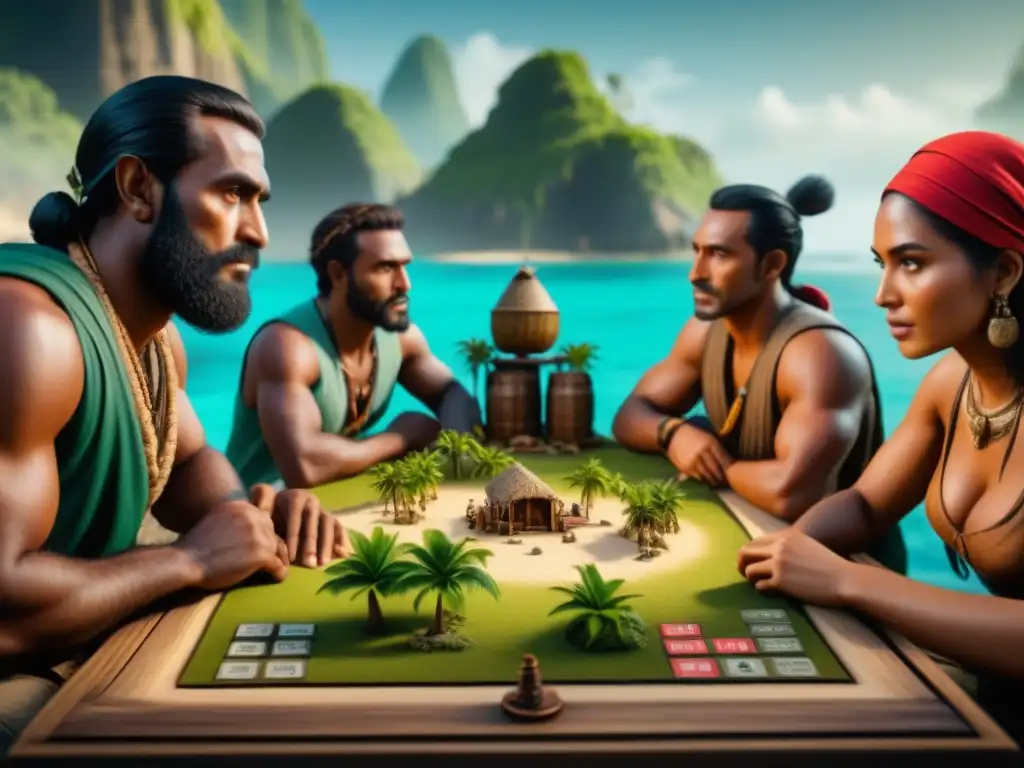 Un grupo de jugadores inmersos en Robinson Crusoe juego de mesa, planeando estrategias con emoción y concentración