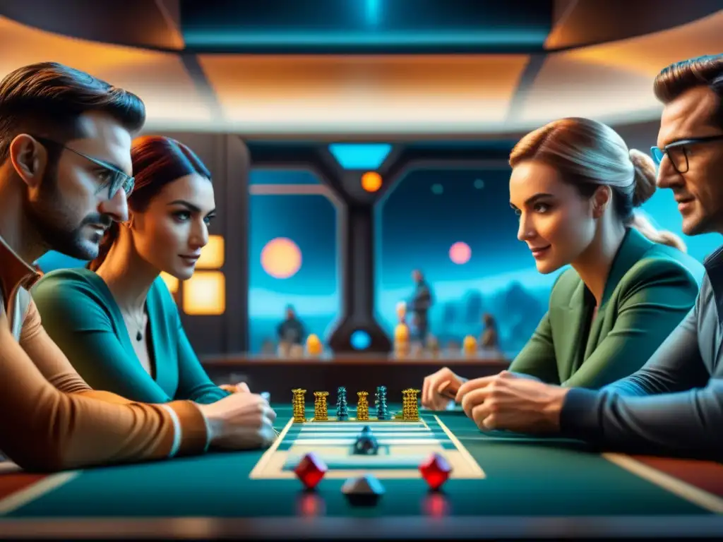 Grupo de jugadores inmersos en un juego de mesa de ciencia ficción en estación espacial futurista