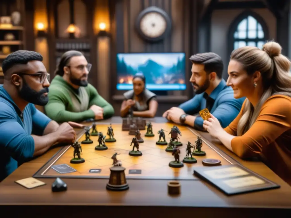 Un grupo de jugadores diversos inmersos en una partida de Gloomhaven, reflejando camaradería y emoción