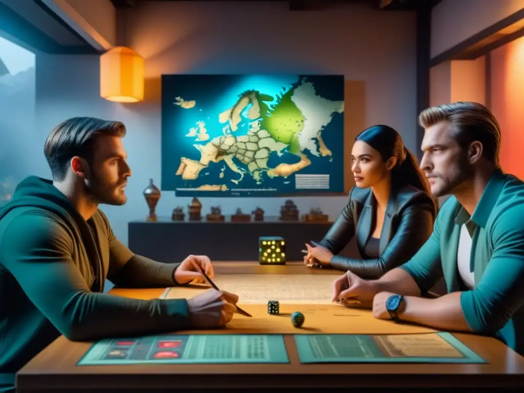 Noche épica de rol: inmersión y creatividad entre amigos Un grupo de jugadores inmersos en una sesión de rol, rodeados de mapas y dados en una habitación ambientada en fantasía