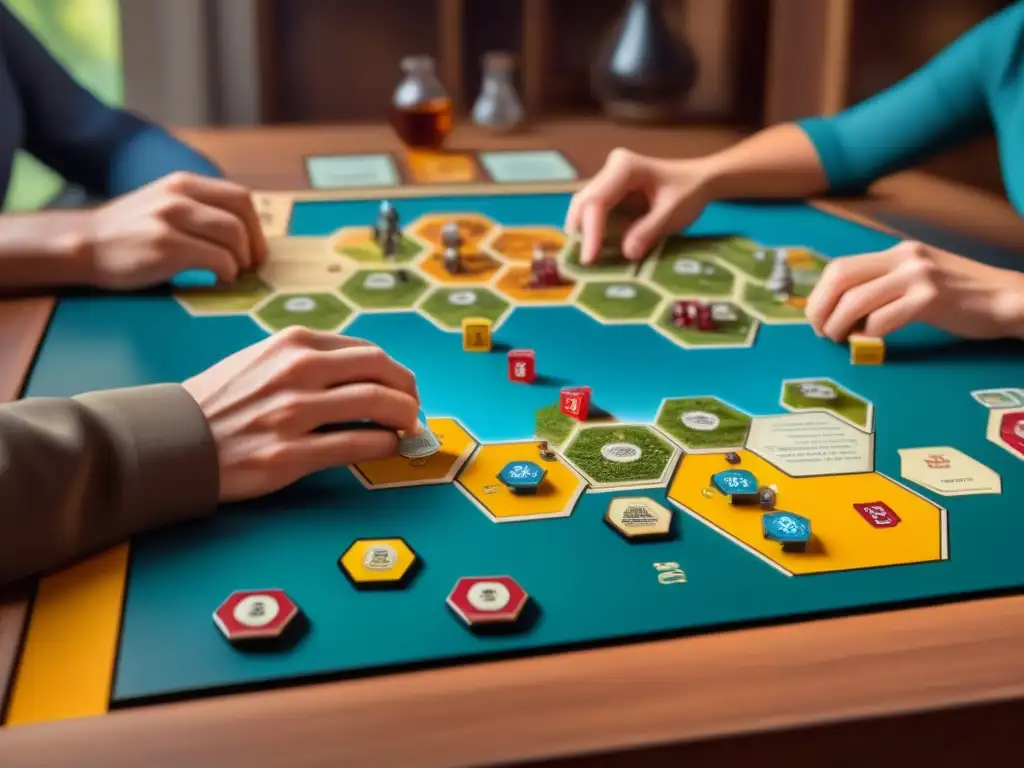 Un grupo de jugadores intensos estrategiando para ganar Catan en una atmósfera competitiva y colaborativa