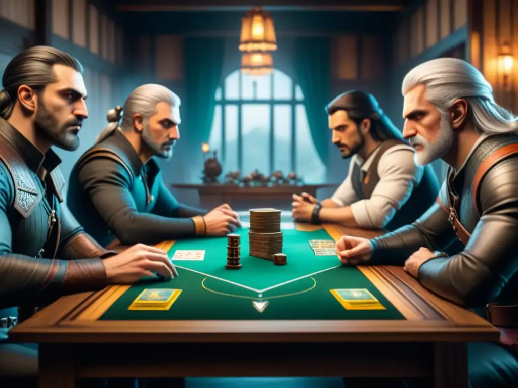 Un grupo de jugadores intensos de 'The Witcher: Juego de Mesa' estrategizando en una habitación temática