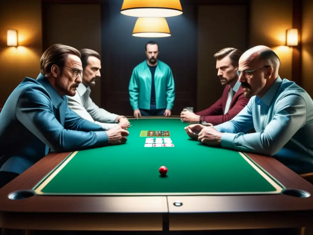 Un grupo de jugadores intensos en una partida de 'Breaking Bad: El Juego de Mesa', reflejando determinación y estrategia