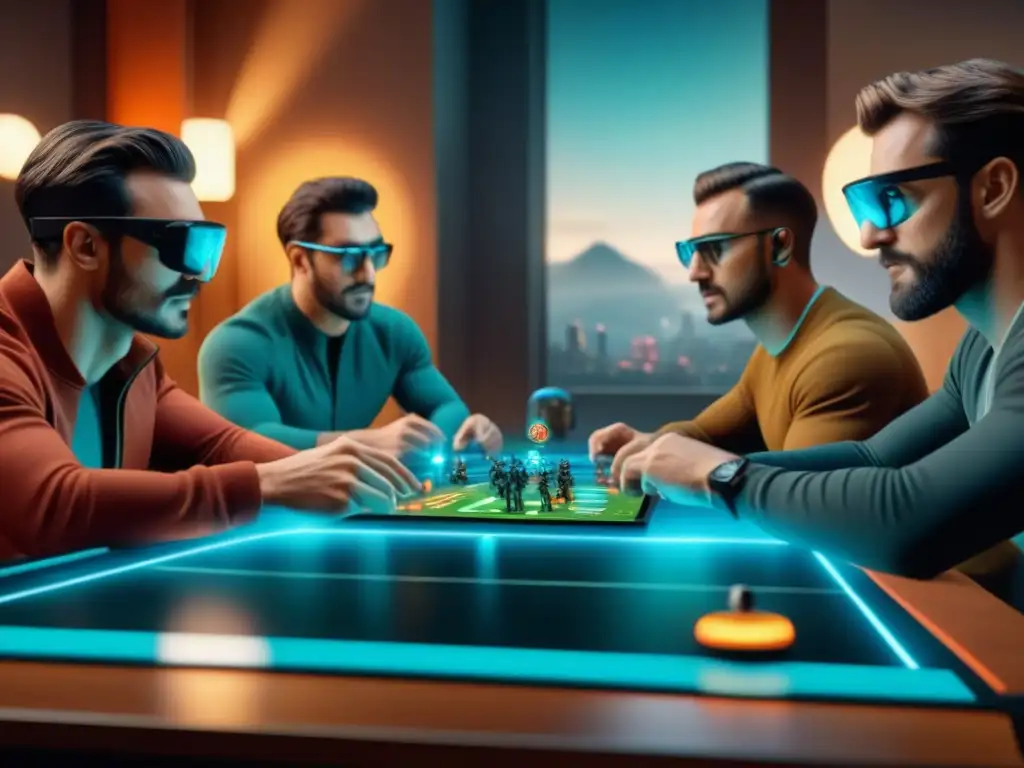 Grupo de jugadores en juego de mesa futurista con realidad aumentada, mejorando estrategias de juego