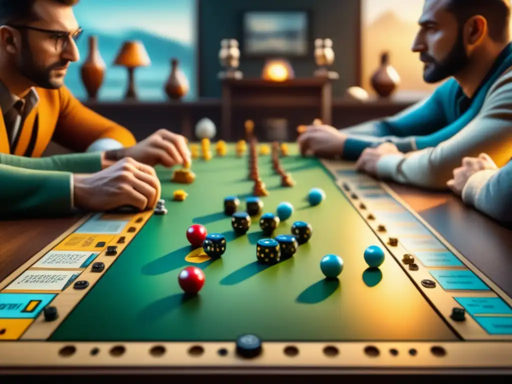 Jugadores apasionados inmersos en un emocionante juego de mesa Un grupo de jugadores de mesa concentrados en un juego detallado, mostrando emoción y estrategia