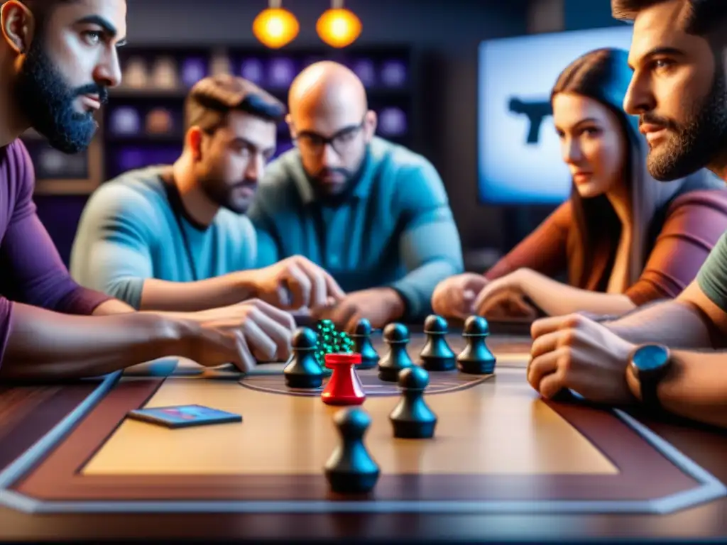 Intensa partida de mesa con influencia de Twitch Grupo de jugadores de mesa concentrados en partida, reflejando el impacto de Twitch en juegos de mesa