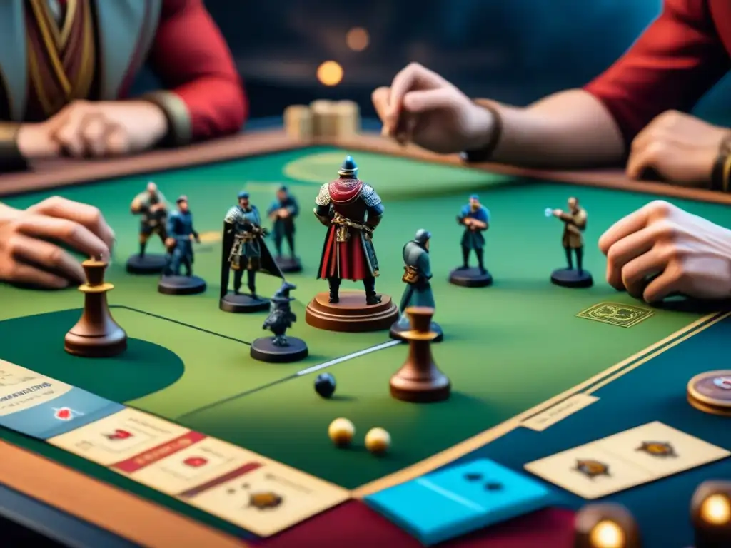 Grupo de jugadores de mesa inmersos en estrategias de batallas, rodeados de miniaturas y dados
