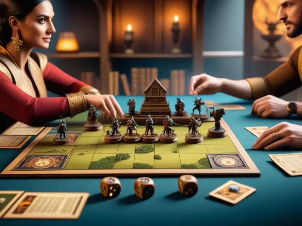 Un grupo de jugadores de juegos de mesa diversos, inmersos en una partida de fantasía medieval