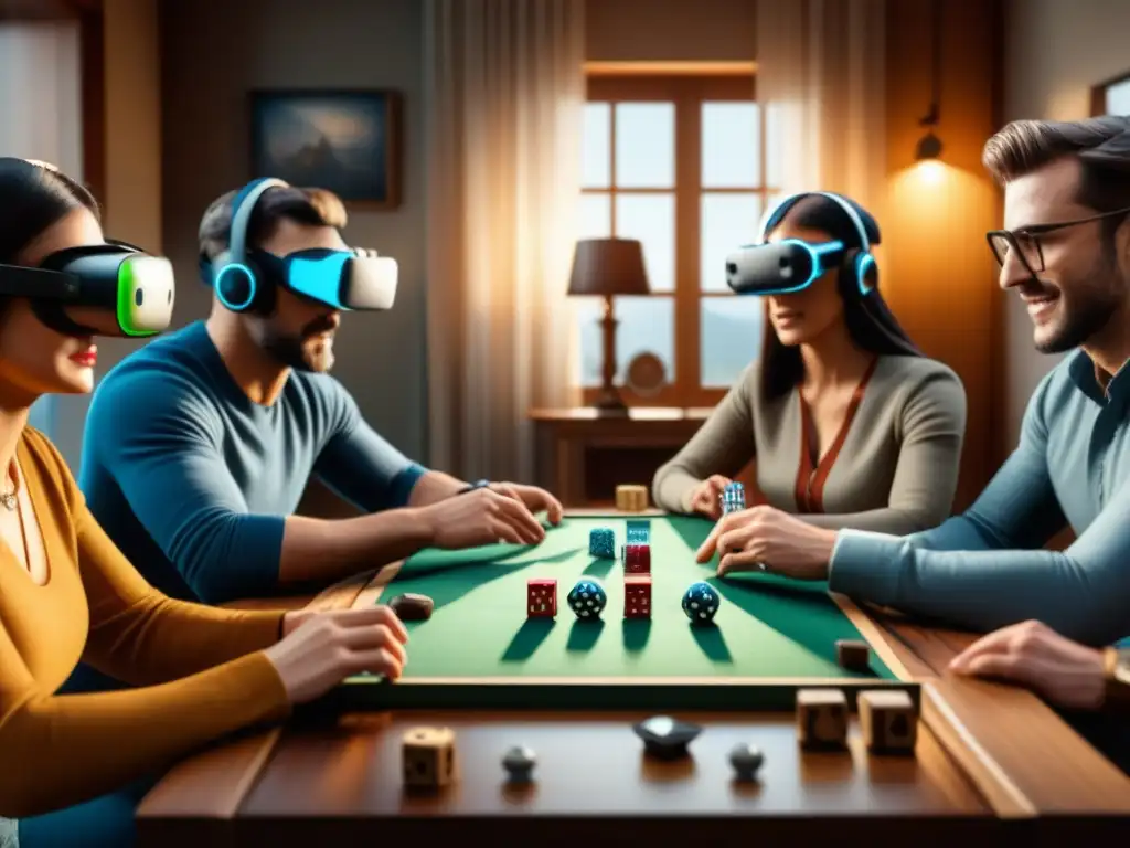 Grupo de jugadores en mesa de juegos tradicionales, con auriculares de Realidad Virtual, fusionando lo antiguo con lo moderno