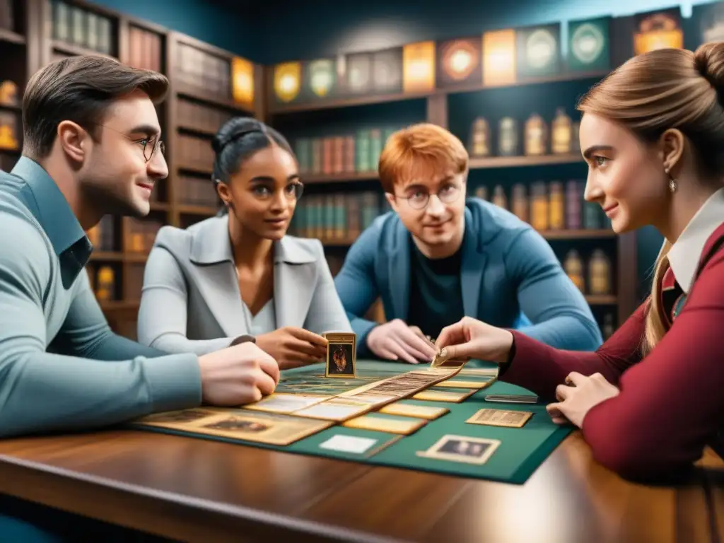 Un grupo de jugadores diversos planificando estratégicamente en una mesa llena de componentes del juego Harry Potter Hogwarts Battle