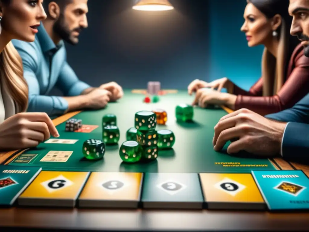 Un grupo de jugadores de juegos de mesa construyendo momentos culminantes en una partida llena de emoción y estrategia