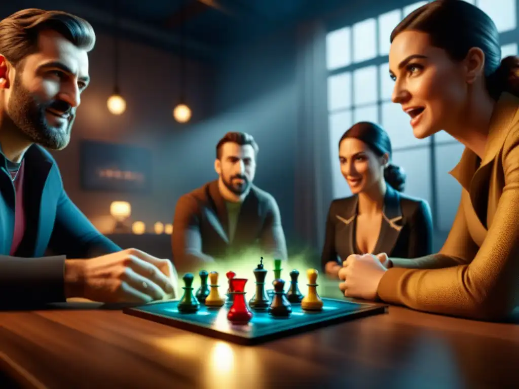 Grupo de jugadores de juegos de mesa construyendo momentos culminantes en una partida emocionante