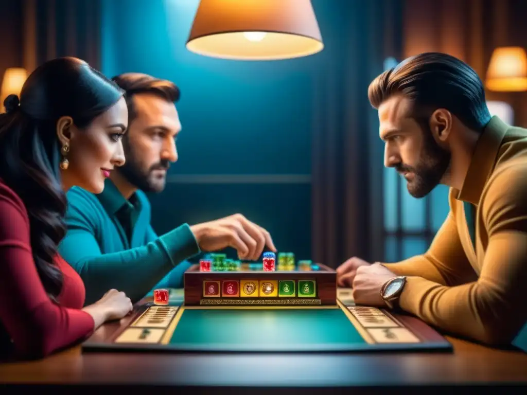 Grupo de jugadores de mesa construyendo momentos culminantes en un juego detallado y colorido, iluminados por una lámpara cálida