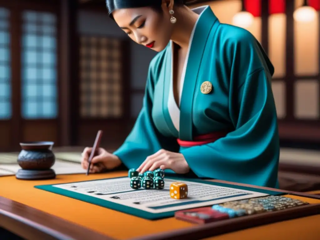 Grupo de jugadores de rol anime Tenra Bansho Zero inmersos en una sesión intensa y colaborativa, rodeados de personajes y dados coloridos, miniaturas elaboradas y arte tradicional japonés, mostrando concentración y alegría