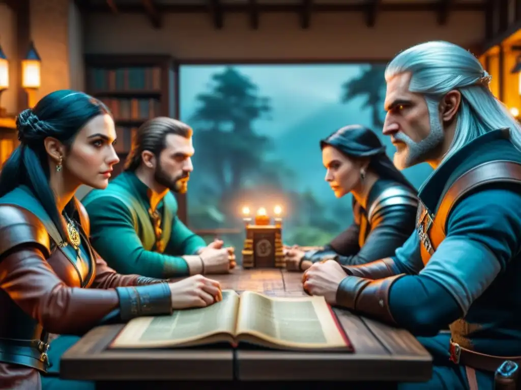 Grupo de jugadores de rol inmersos en 'The Witcher: juego de rol', concentración y emoción en ambiente dramático