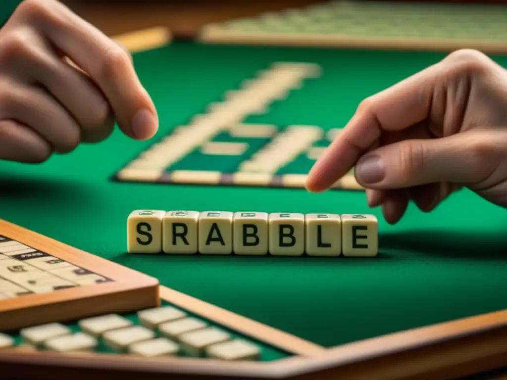 Grupo de jugadores de Scrabble concentrados en estrategias ganar Scrabble eficaces, inmersos en la competencia