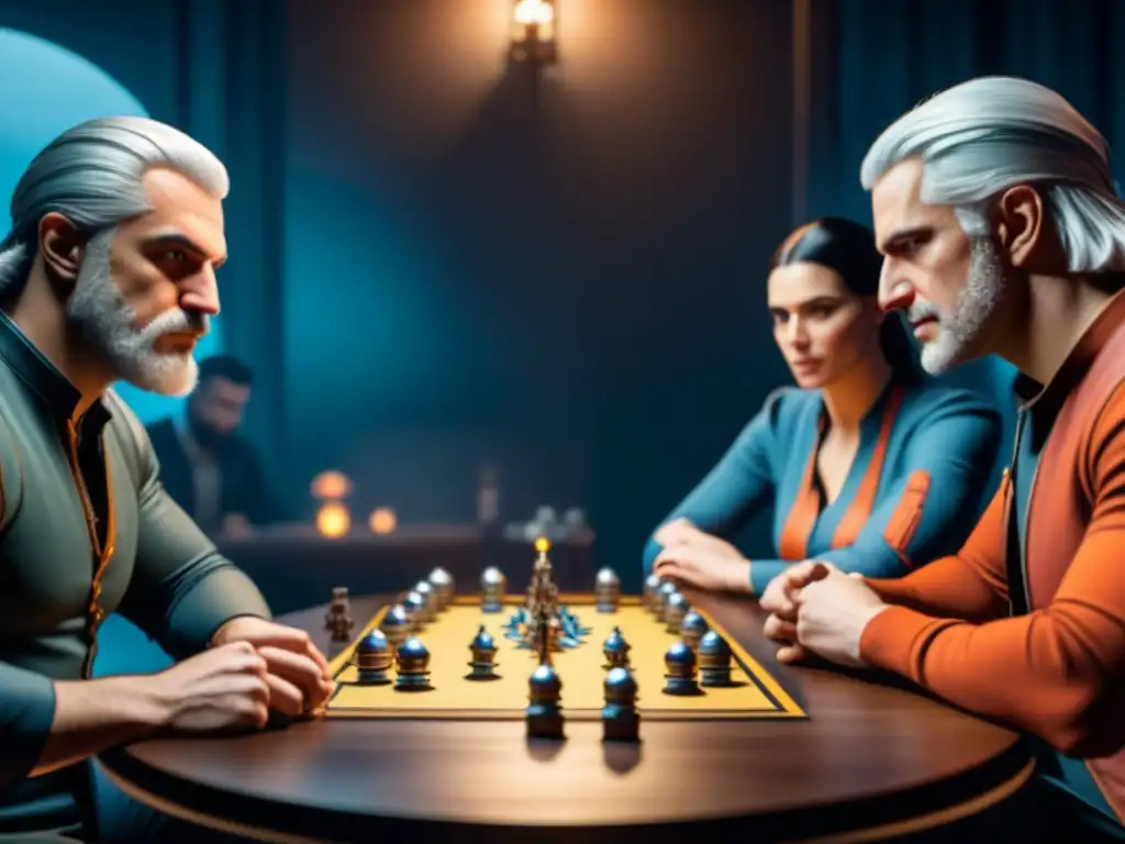 Un grupo de jugadores serios disfrutan del juego de mesa The Witcher, inmersos en estrategias y camaradería