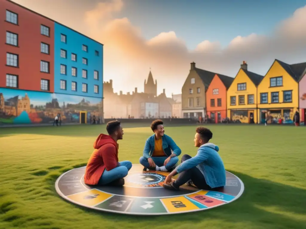 Un grupo de niños y adolescentes juegan un juego de mesa en un campo de Belfast al atardecer, mientras clubes de juegos revitalizan comunidades