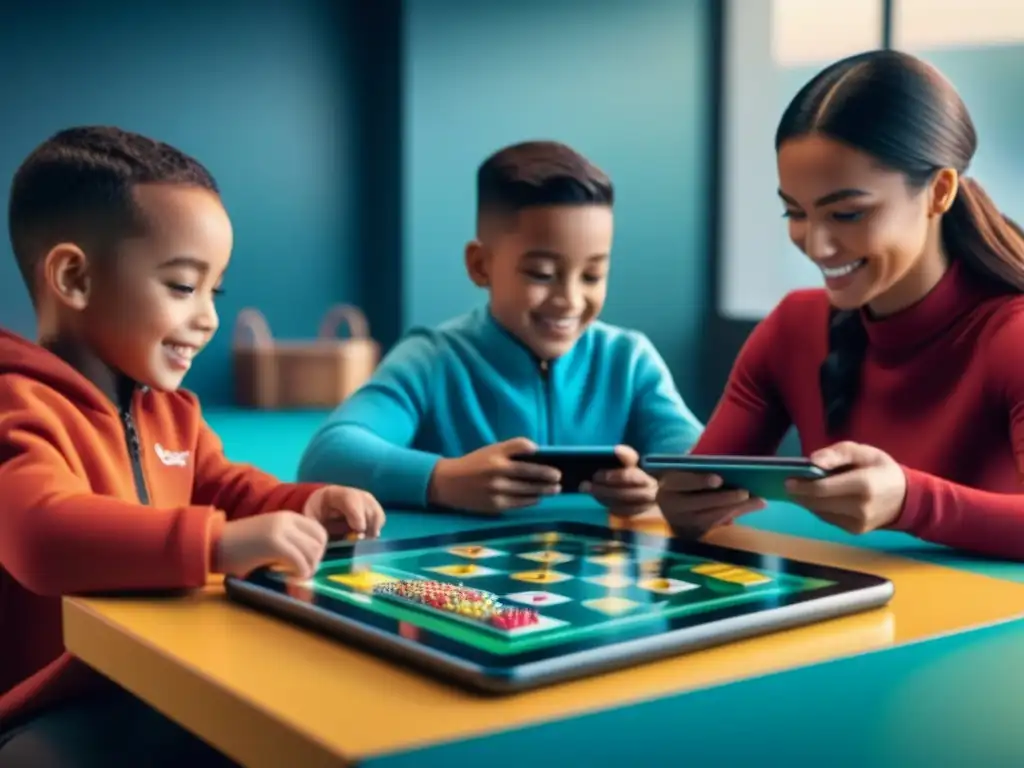 Un grupo de niños y adultos disfrutan de juegos educativos y apps en una aula acogedora