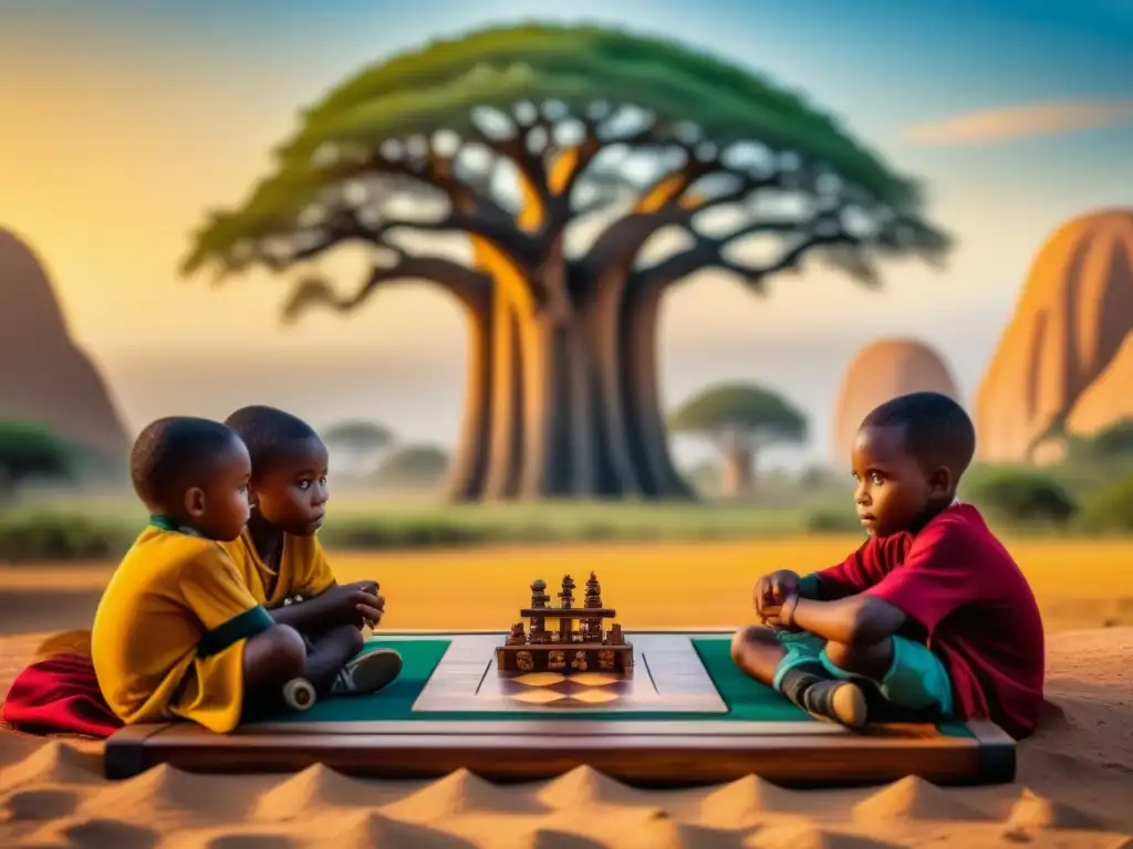 Grupo de niños africanos jugando bajo un baobab, con un juego de mesa tradicional