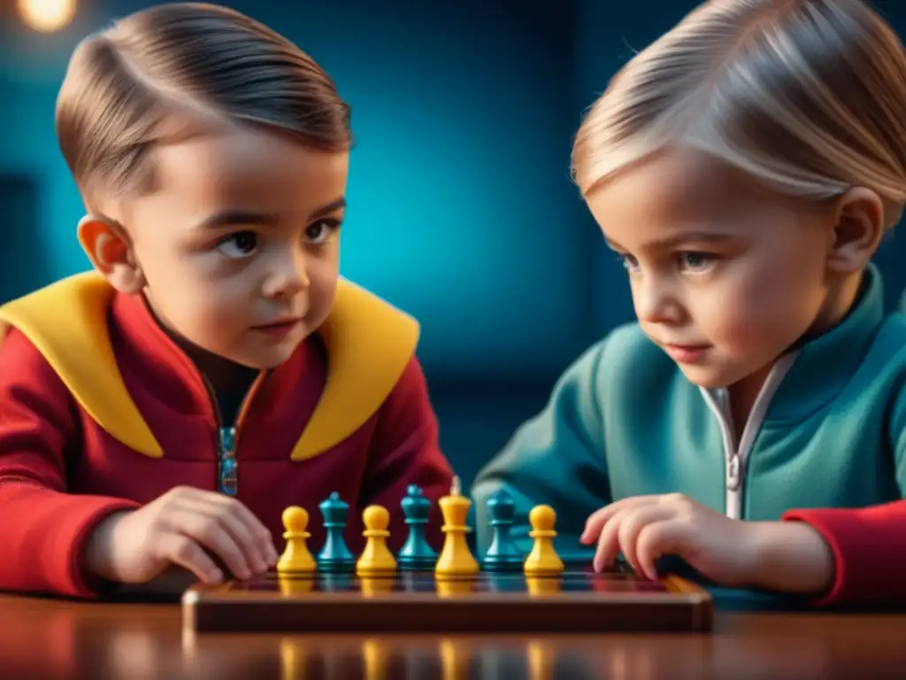 Un grupo de niños de 4 a 7 años concentrados y alegres jugando un colorido juego de mesa educativo