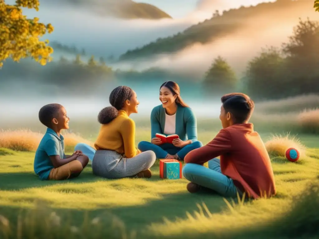 Un grupo de niños escuchando atentos a un cuentacuentos en un campo verde vibrante, rodeados de libros y juguetes